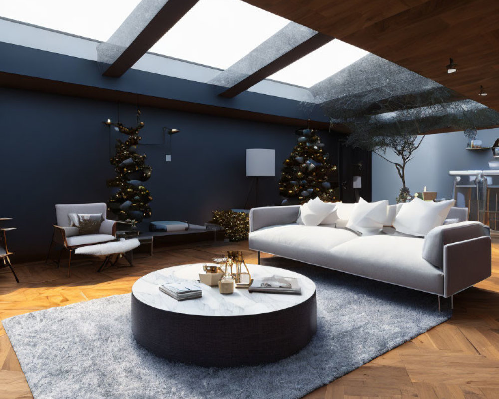 Stylish living room with navy blue walls, white couches, Christmas trees, and wooden ceiling