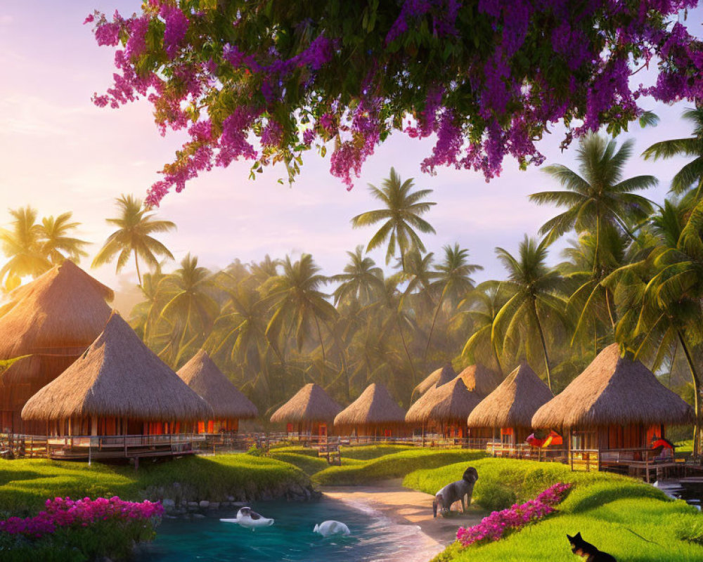 Tropical resort with thatched huts, palm trees, purple flowers, swans, and a