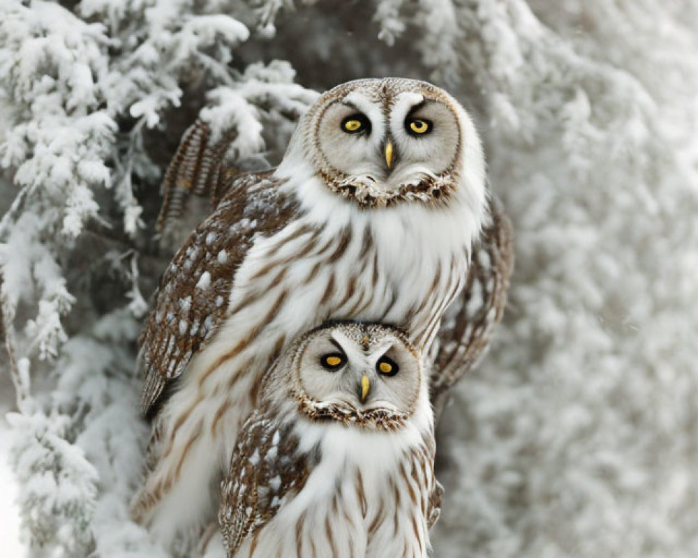 Brown and White Owls Perched in Snow-Covered Branch