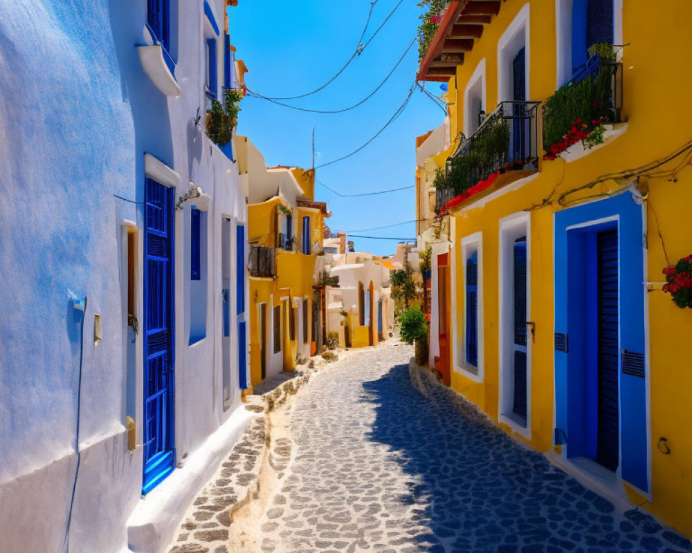 Quaint village with cobbled street and colorful houses