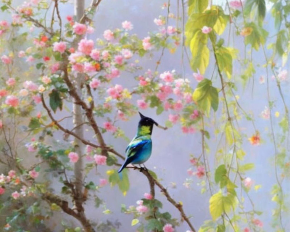 Bluebird on Branch Among Pink Blossoms and Foliage in Serene Setting