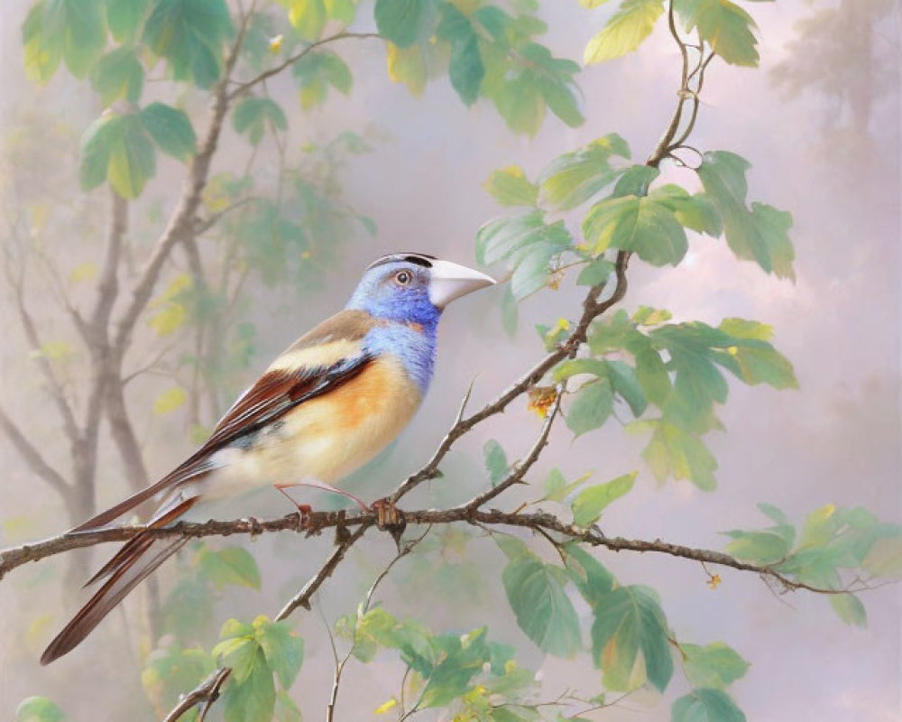 Colorful Bird Perched on Tree Branch with Soft-Focus Leaves and Pink Background