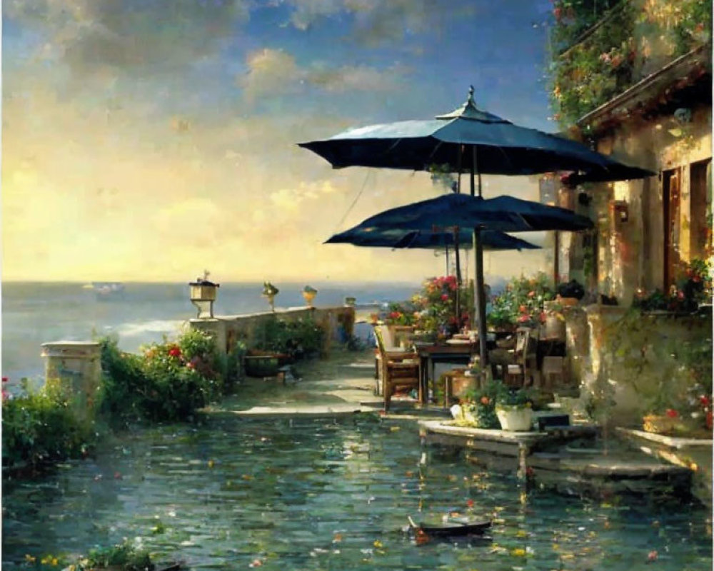 Tranquil Coastal Patio Scene with Blue Umbrellas and Ocean View