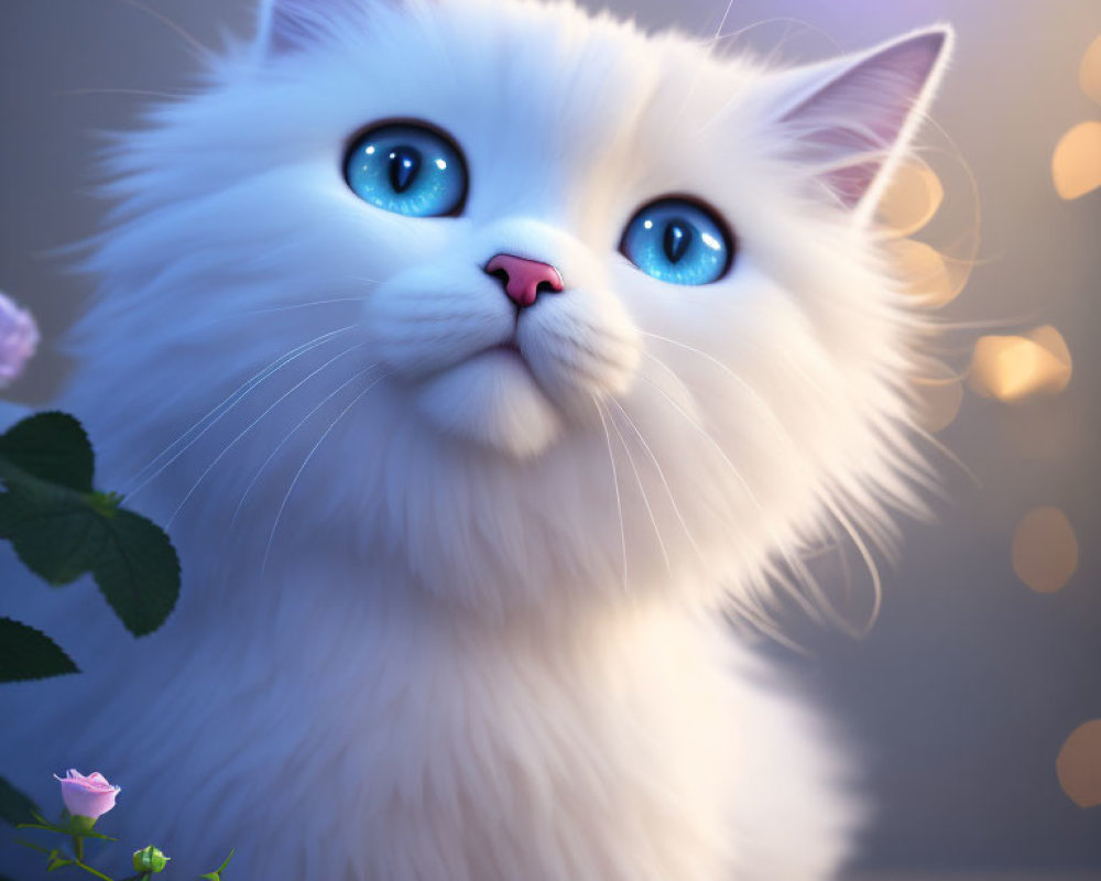 White Cat with Blue Eyes Surrounded by Pink Flowers and Glowing Lights