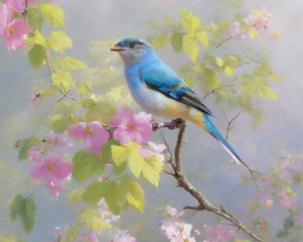 Vibrant blue bird on branch with pink blossoms in misty background