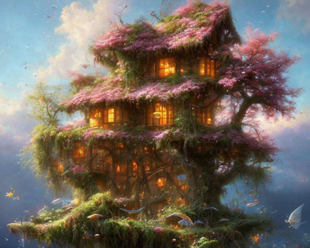 Whimsical treehouse surrounded by pink blossoms and greenery