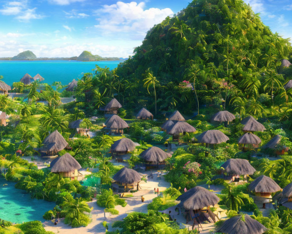 Tropical Island Paradise with Thatched Huts & Clear Blue Waters