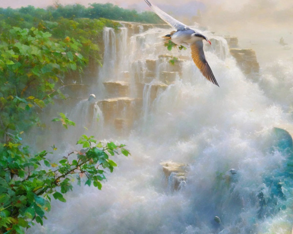 Bird flying over misty waterfall in lush green landscape