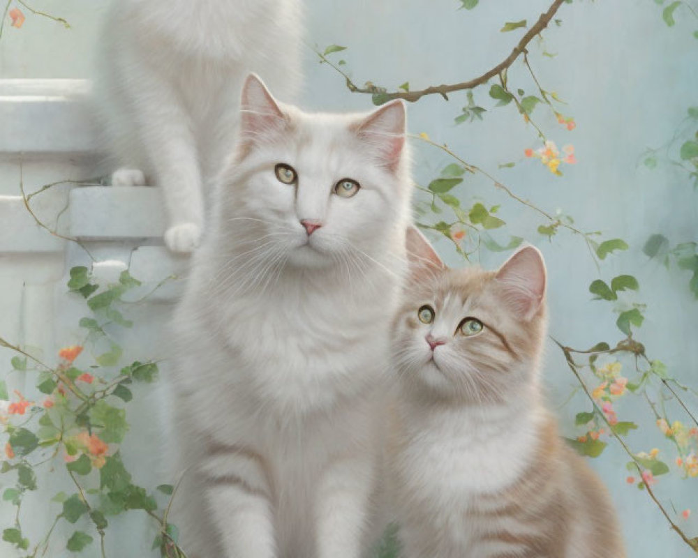 Three cats with white and ginger fur on staircase with green vines and pink flowers