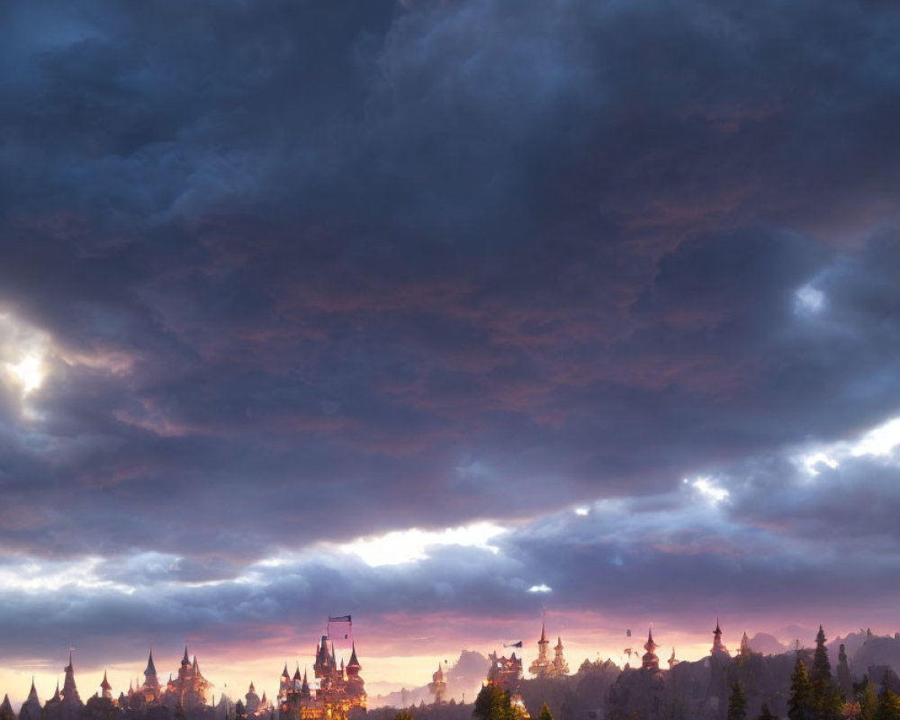 Silhouette of fairytale castle at sunrise with purple and orange sky