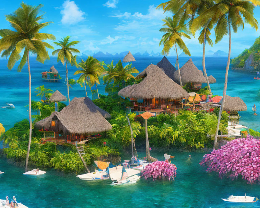 Tropical Beach Resort with Thatched Huts and Sailboats