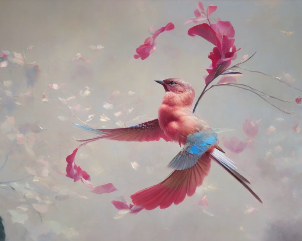 Colorful bird flying amidst pink blossoms on hazy backdrop