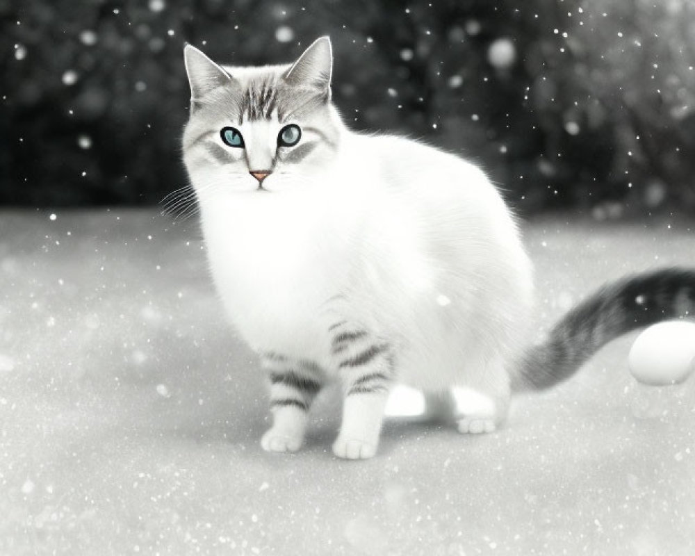 White and Gray Cat with Blue Eyes in Snowy Landscape