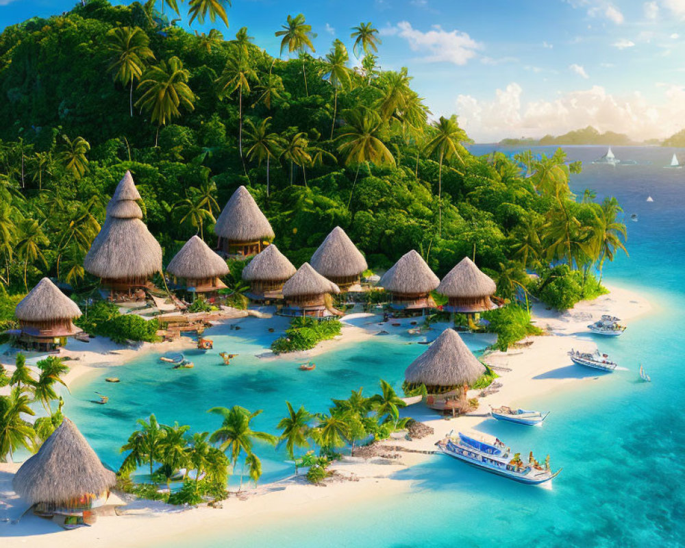 Tropical Resort with Thatched Huts, Palm Trees, and White Sandy Beach