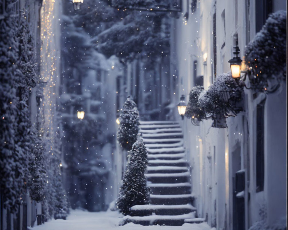 Snow-covered steps and illuminated lanterns in narrow alley at twilight