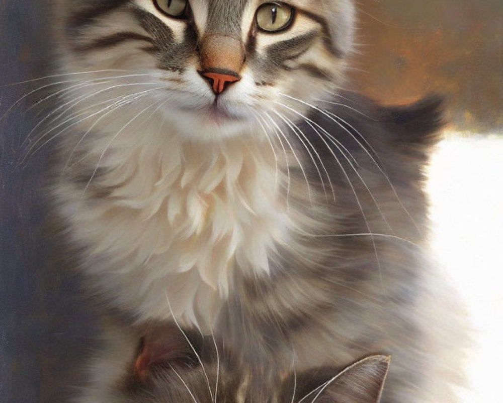 Realistic Painting of Two Fluffy Cats with Tabby Markings