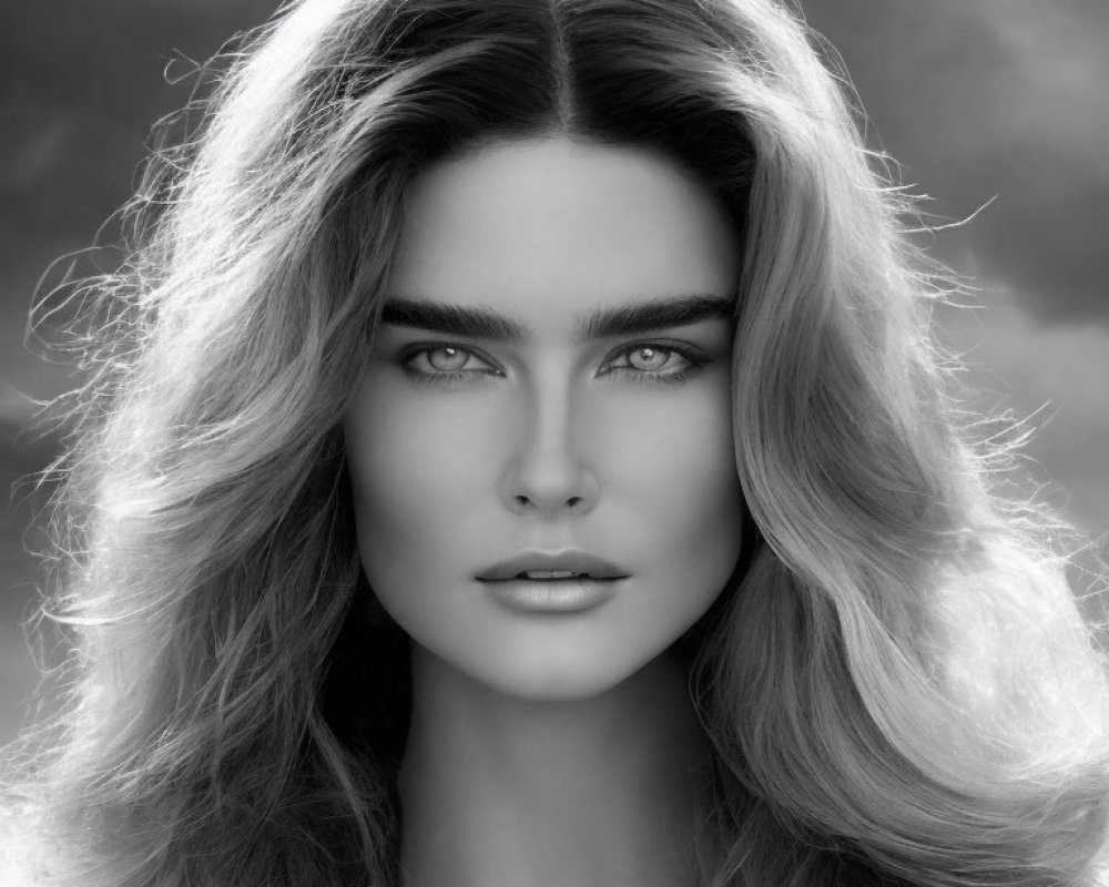 Monochrome portrait of woman with voluminous wavy hair and intense gaze