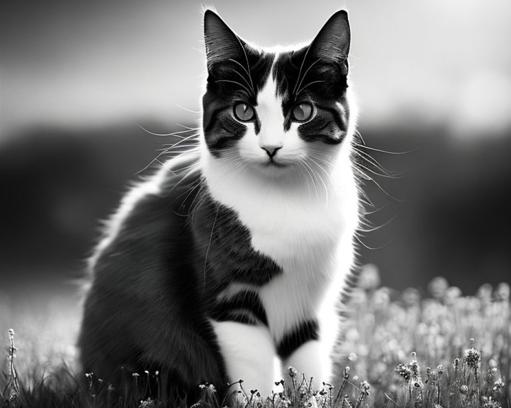 Bicolor Cat Sitting in Field with Soft-Focused Background