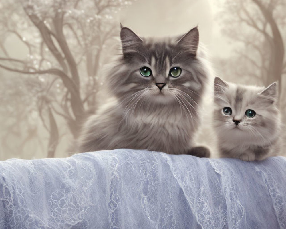 Fluffy Cats with Green Eyes on Lacy Fabric in Misty Moonlit Scene