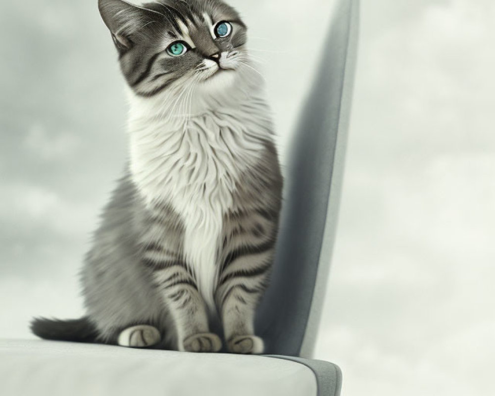 Majestic cat with blue eyes and gray stripes on white surface against cloudy sky.