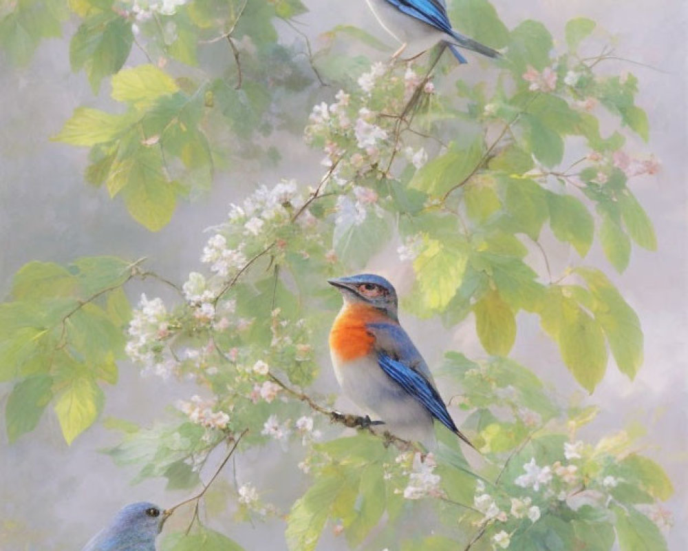 Three bluebirds on flowering branches with green leaves in misty background