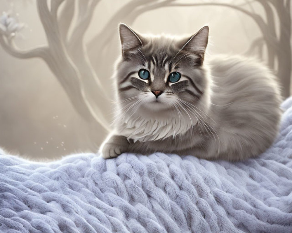 Fluffy cat with blue eyes on knitted blanket, white blossoming trees in misty background