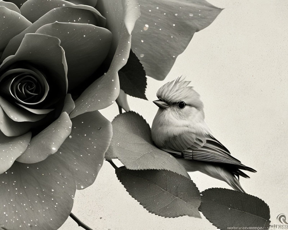 Monochrome image: Small bird with crest on rose stem