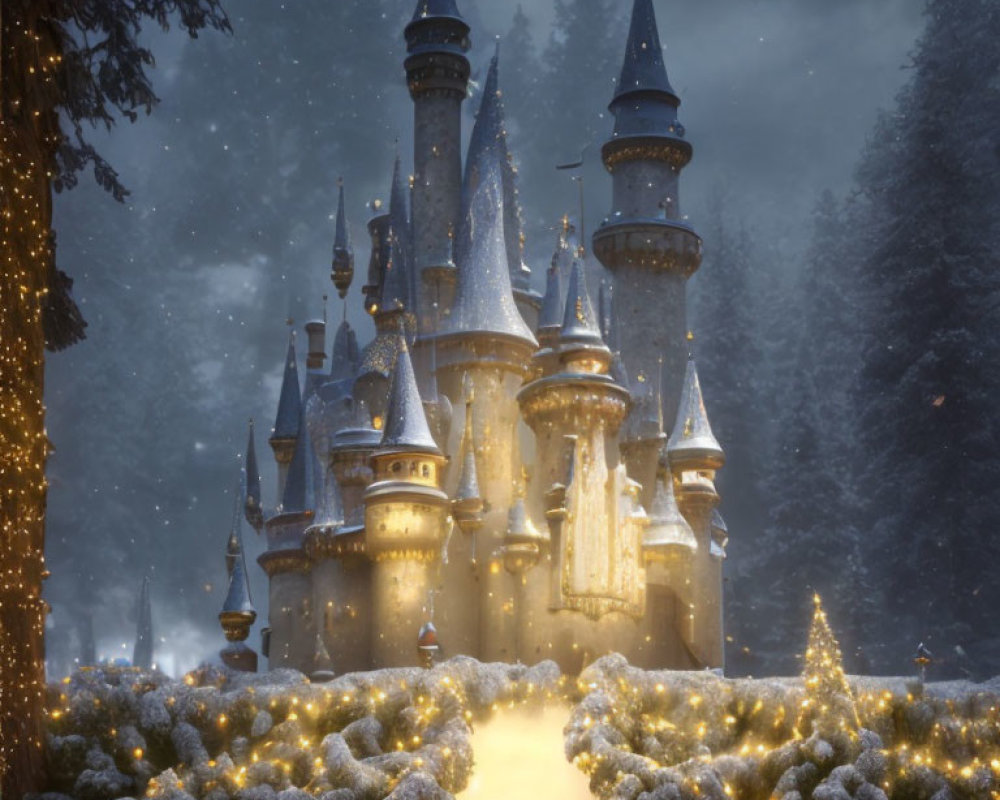 Snow-covered castle with spires in warm light amidst snowy trees