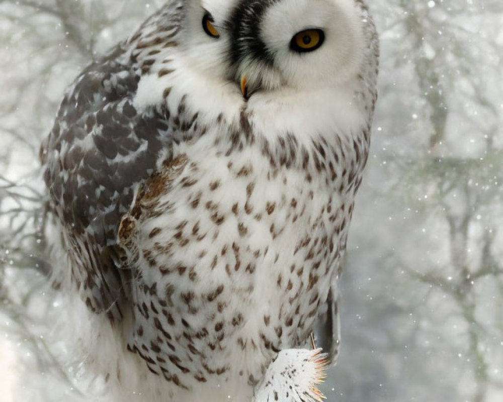 Snowy owl perched on branch in falling snowflakes