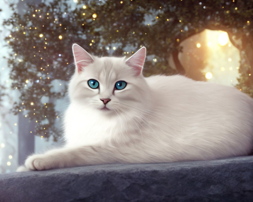 Fluffy white cat with blue eyes on stone surface with soft lights & trees.