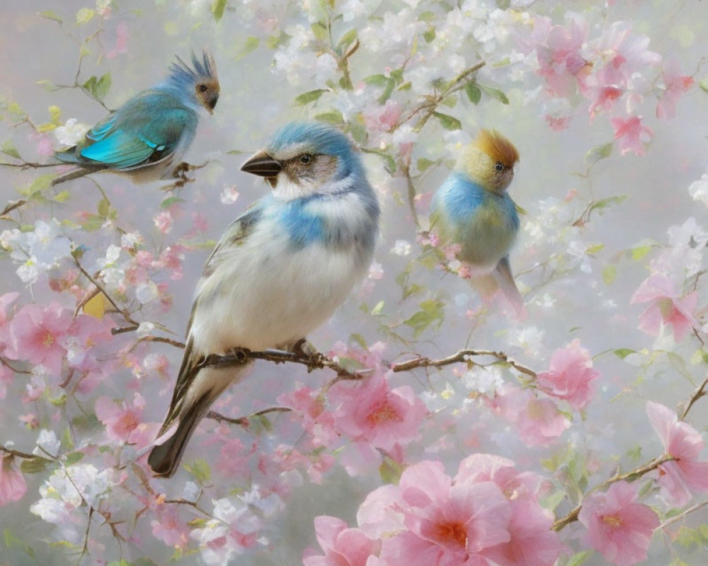 Three Bluebirds Perched Among Pink Blossoms in Misty Background