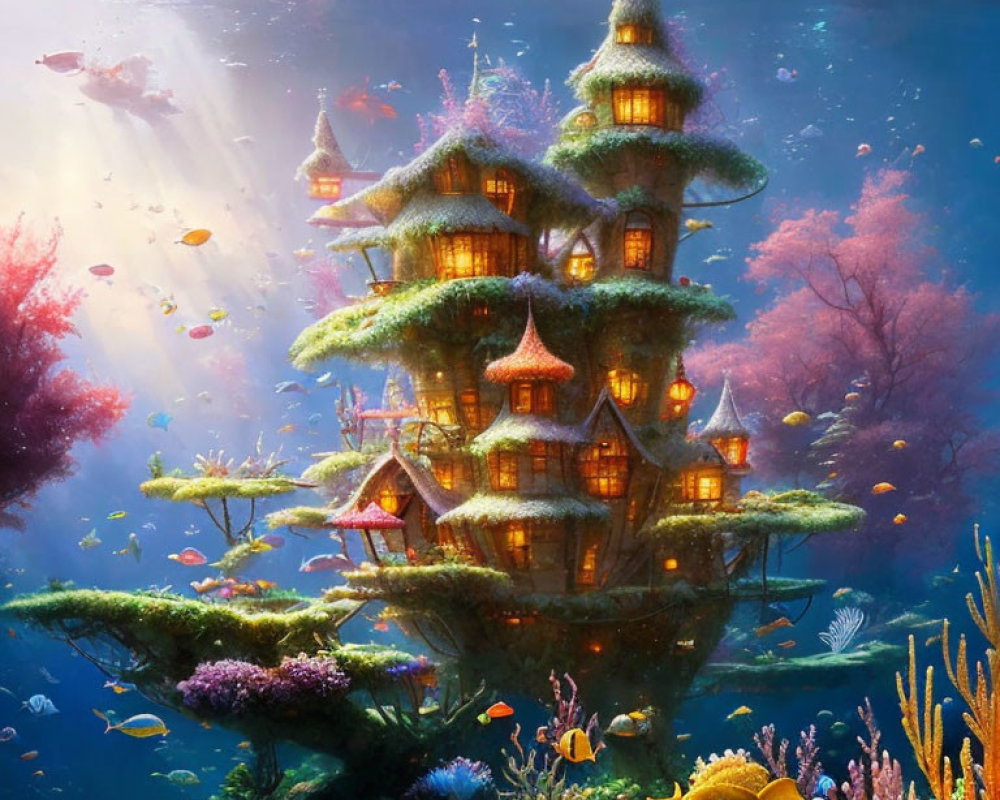 Colorful underwater scene with tree-like structure and corals