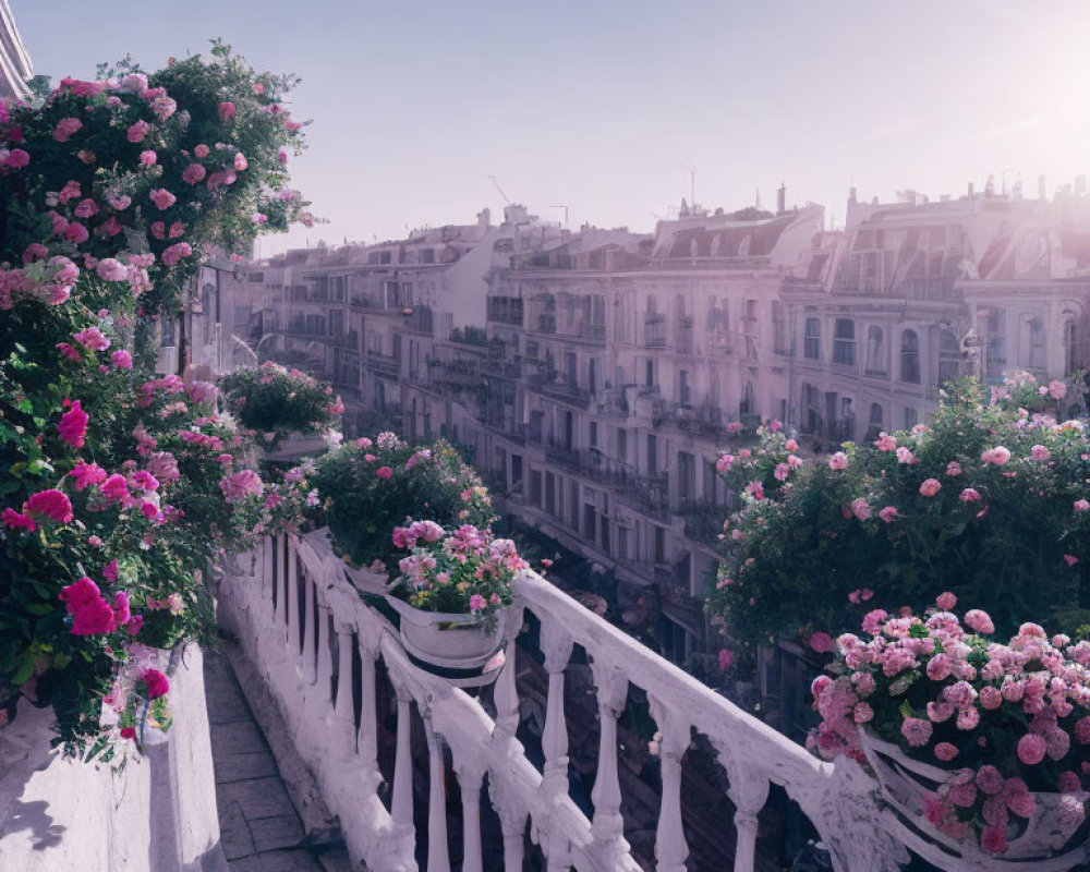 Balcony with Pink Flowers Overlooking European Street in Morning Light