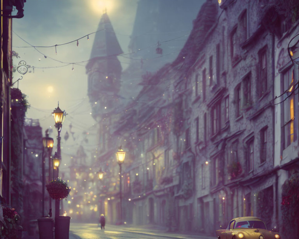 Vintage Buildings and Classic Car on Cobblestone Street at Night