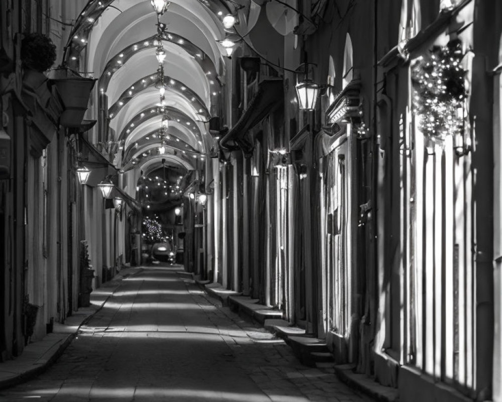 Monochrome image of narrow illuminated alleyway with arched covering and decorative lights