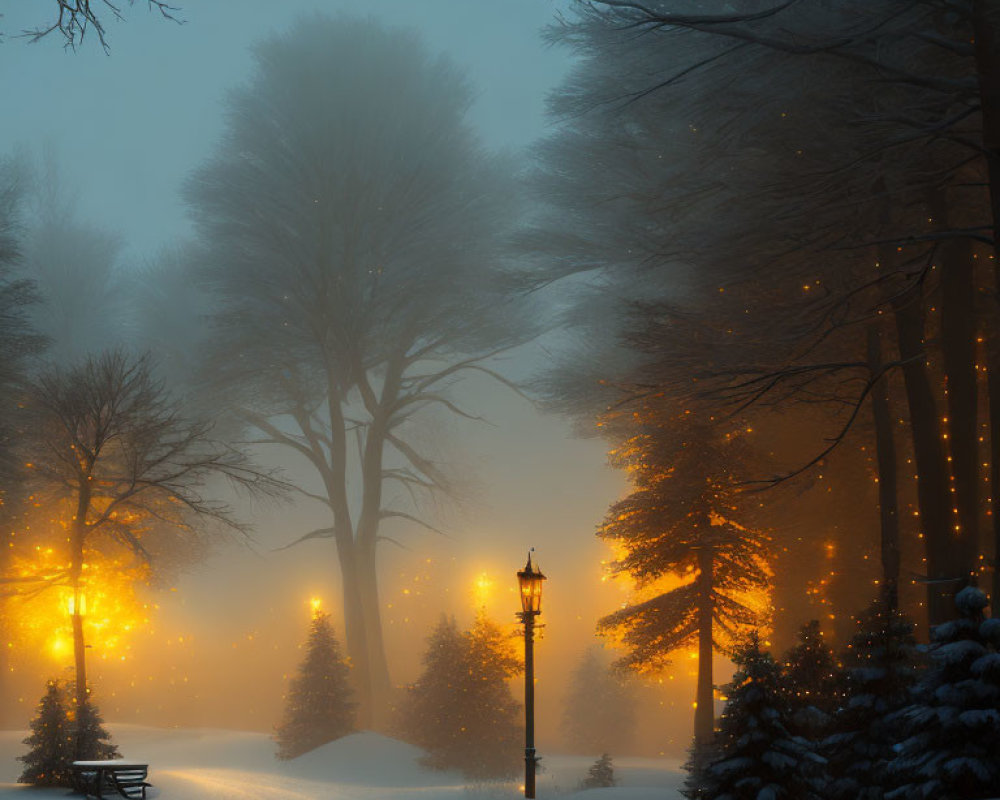 Snow-covered winter scene at dusk with glowing street lamps and warm lights