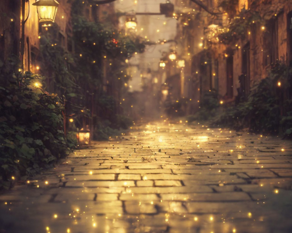 Enchanting cobblestone alley with warm lights and lanterns