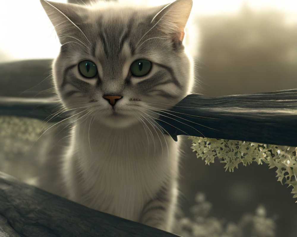 Gray Tabby Cat Resting on Wooden Fence with Green Eyes and White Flowers