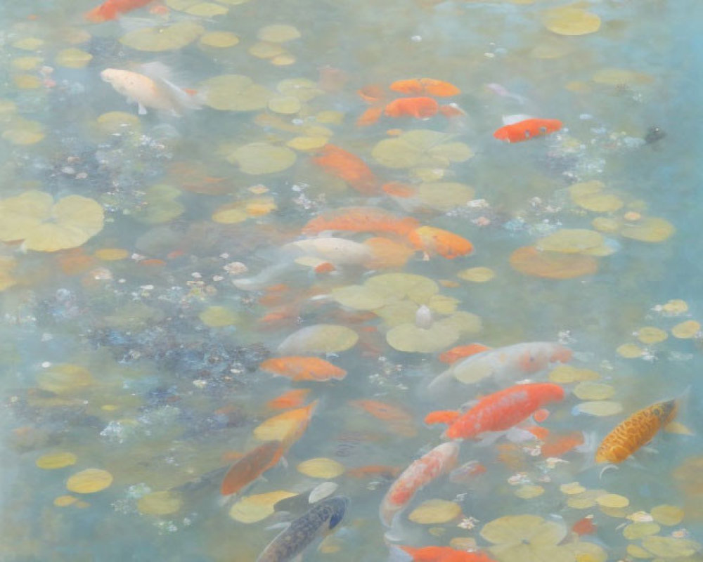 Tranquil pond with lily pads and colorful koi fish