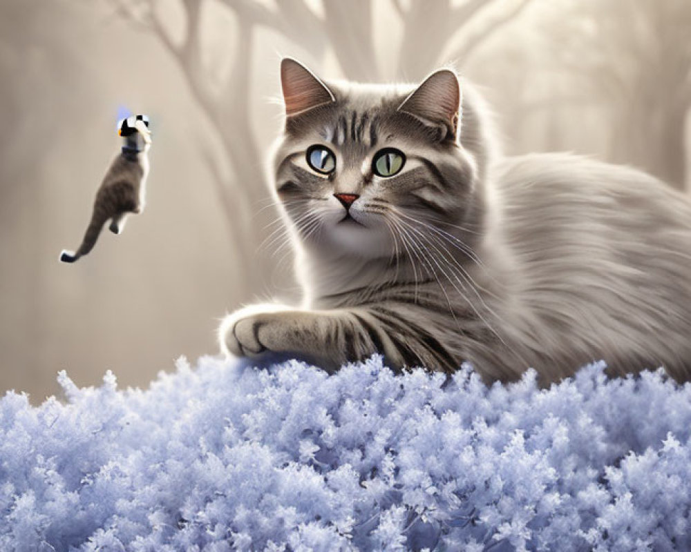 Fluffy cat lounging on purple flowers with small cat playing in misty forest