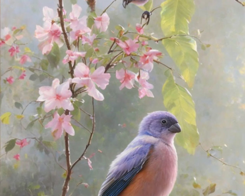 Colorful Bird Painting Among Pink Blossoms on Misty Background