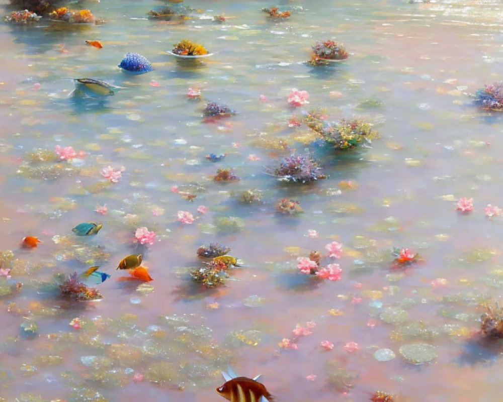 Tranquil pond painting with colorful fish and blooming flowers