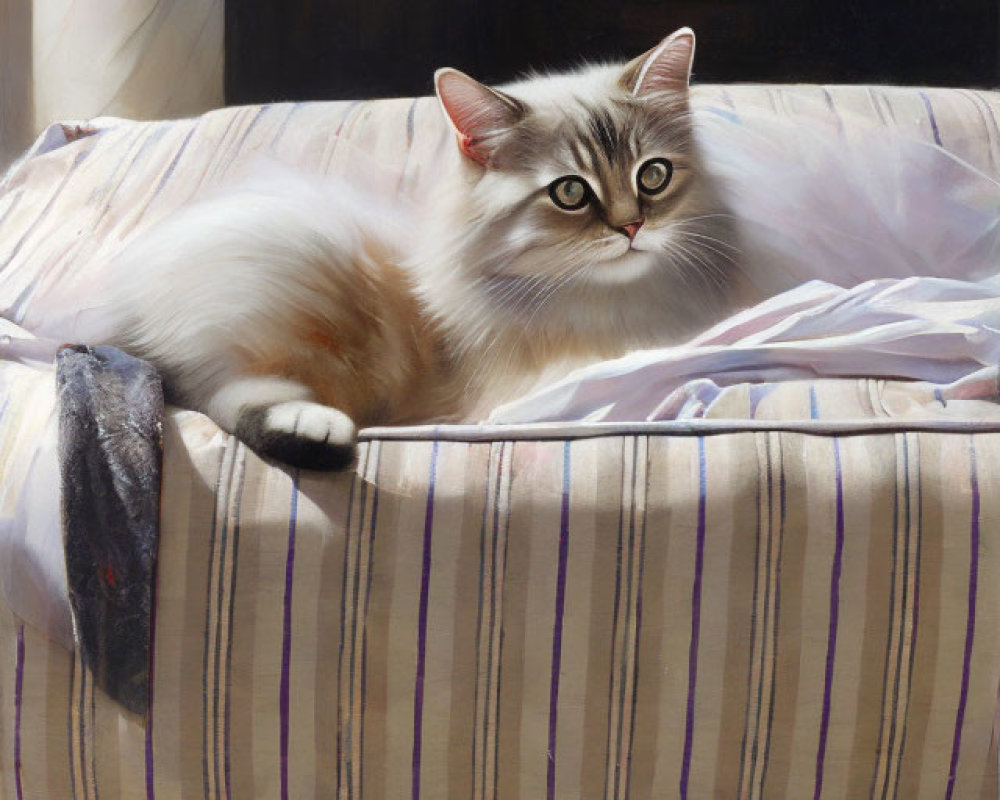 Fluffy Cat with Dark-Tipped Ears Surrounded by Playful Kittens on Striped Couch