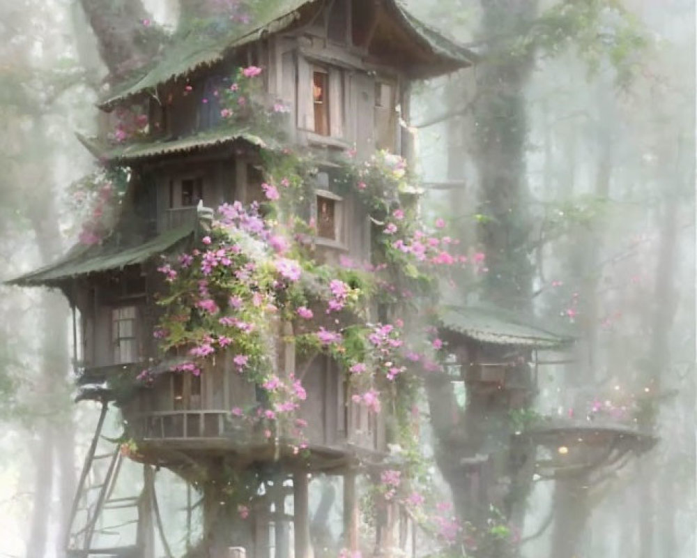 Whimsical multi-level treehouse in misty forest with pink flowers & wooden ladder