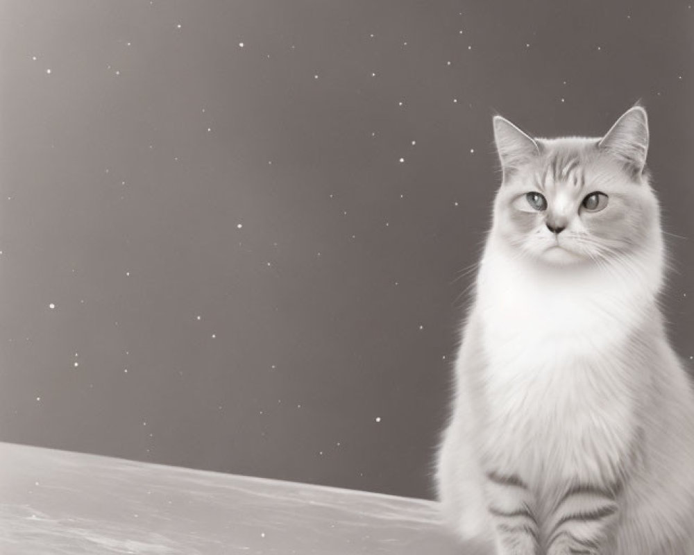 White Cat with Striking Eyes on Gray Background with Star-like Speckles