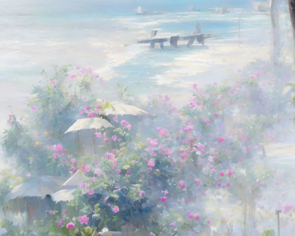 Tranquil lakeside painting with blooming flowers, boat, and figures