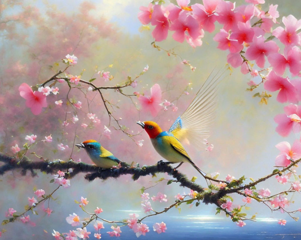 Colorful Birds Perched on Blossom-Laden Branch with Soft Floral Background