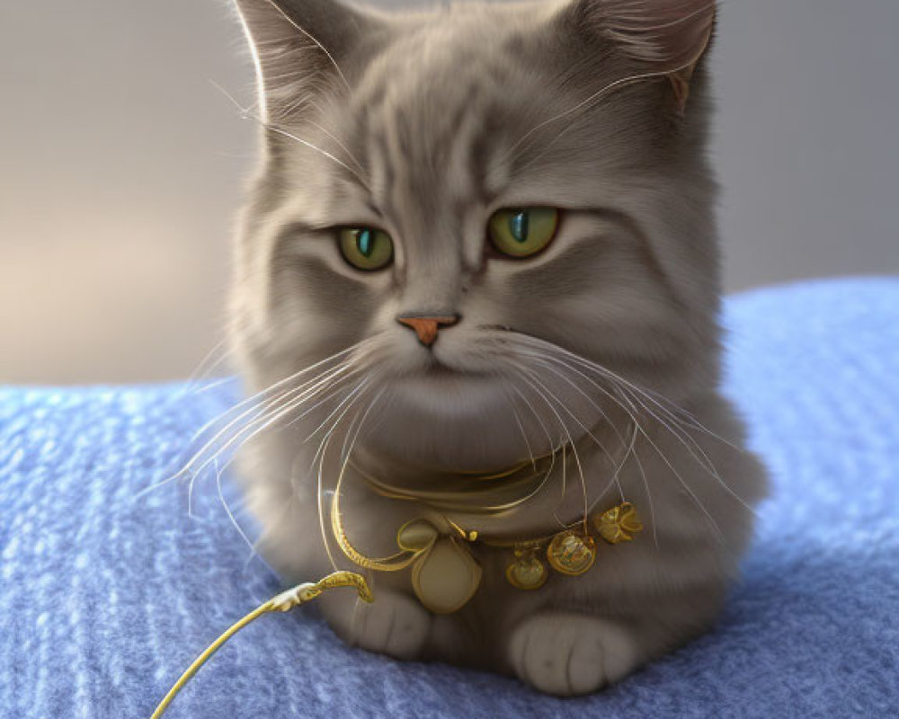 Grey Cat with Green Eyes and Gold Bell Collar on Blue Surface