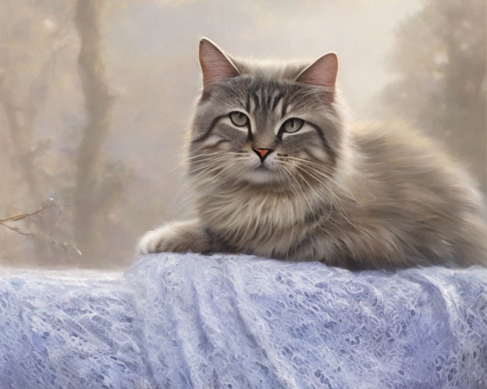 Fluffy Gray Cat with Amber Eyes on Lace-Covered Table