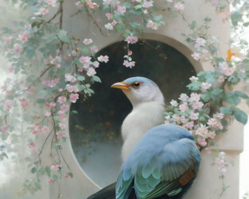 Large blue and green bird near round window with pink flowers and greenery, smaller blue bird above